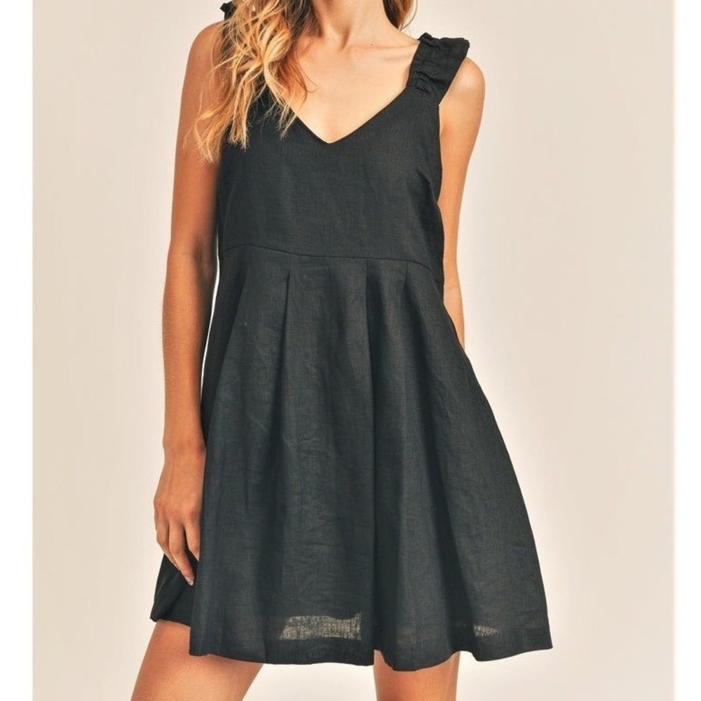 RESET By Jane Black Linen Blend Mini Dress Ruffle Strap Tie Womens‎ Size Medium